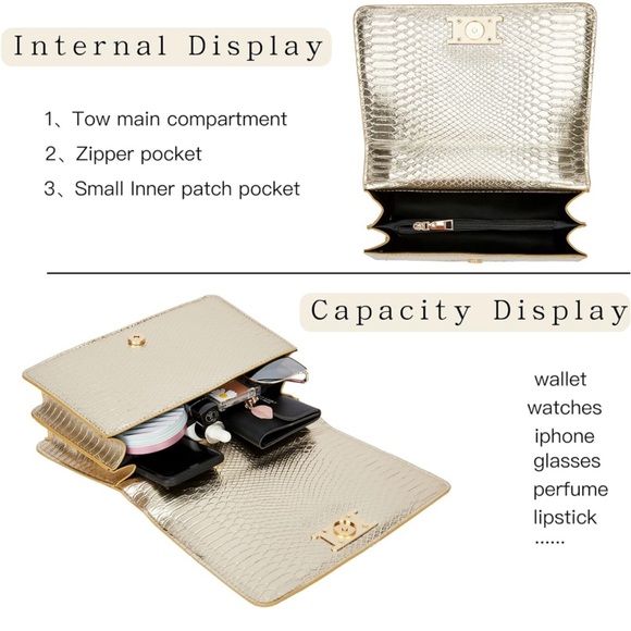 Gold Faux Leather Crossbody Bad W/Shoulder Chain Strap - Picture 7 of 7